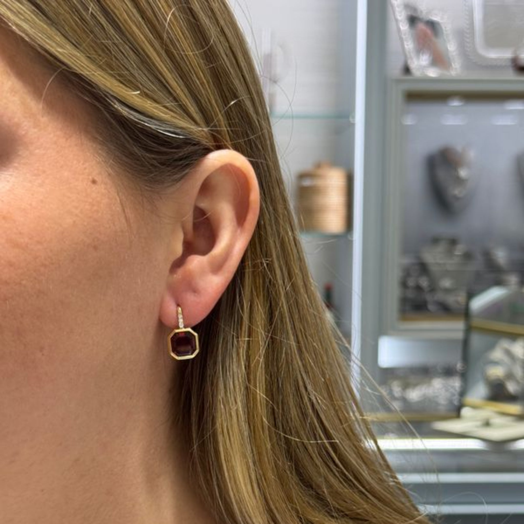 Goshwara Octagonal Bezel Drop Garnet 18K Gold Earrings