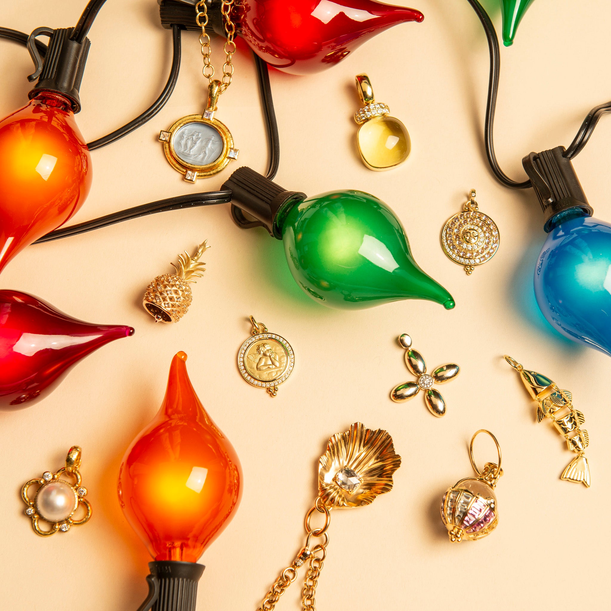 Elizabeth Locke Pendants, Mazza Lemon Citrine Cabochon & Diamond 14K Gold Pendant, Paul Morelli Diamond Pineapple Meditation Bell, Temple St. Clair Diamond Pavé Angel Pendant, The Mary Pavé Diamond Cross Pendant, Goldbug Collection Hinged Fish Charm, Single Stone Katerina Pendant