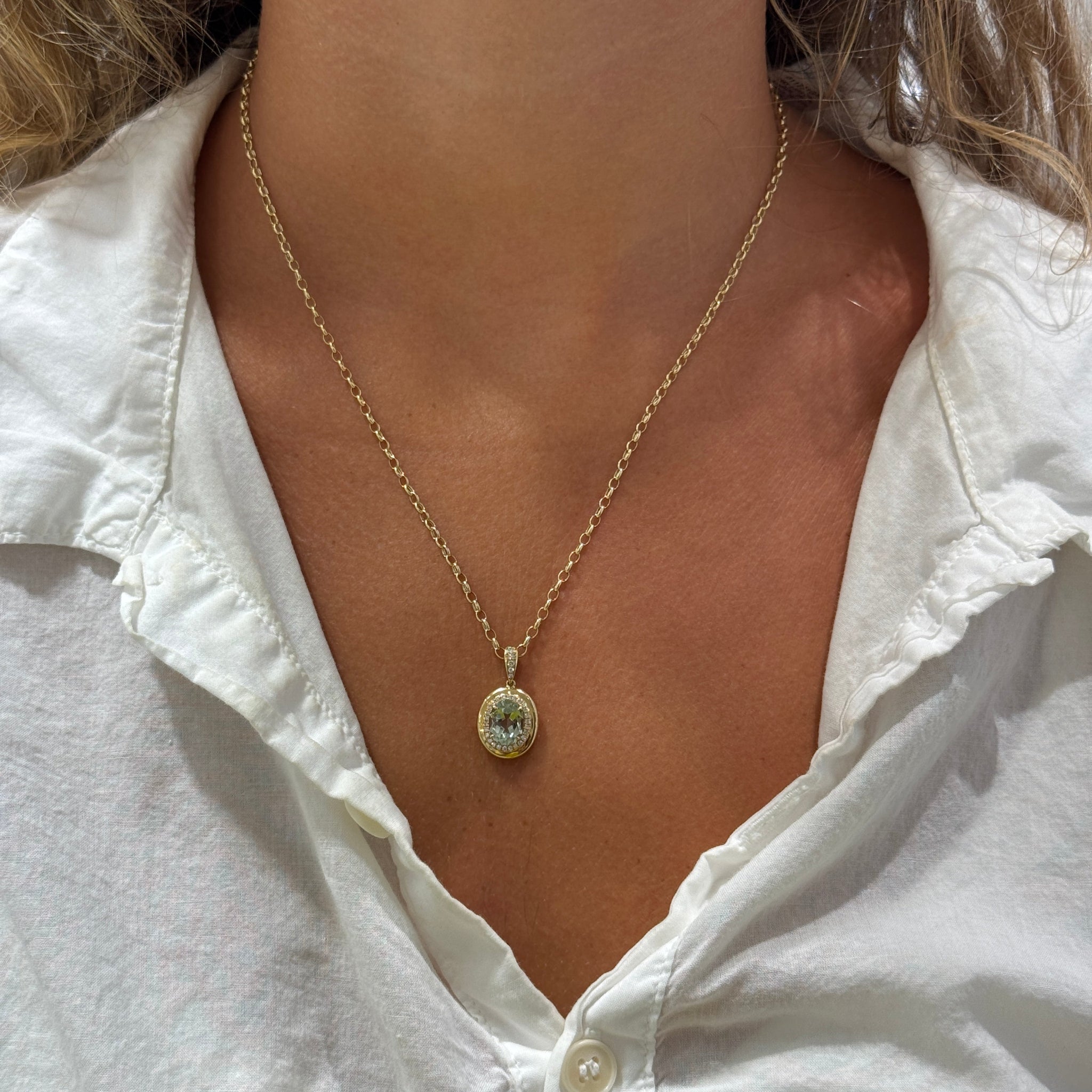 Oval Green Amethyst & Diamond 18K Yellow Gold Pendant Necklace