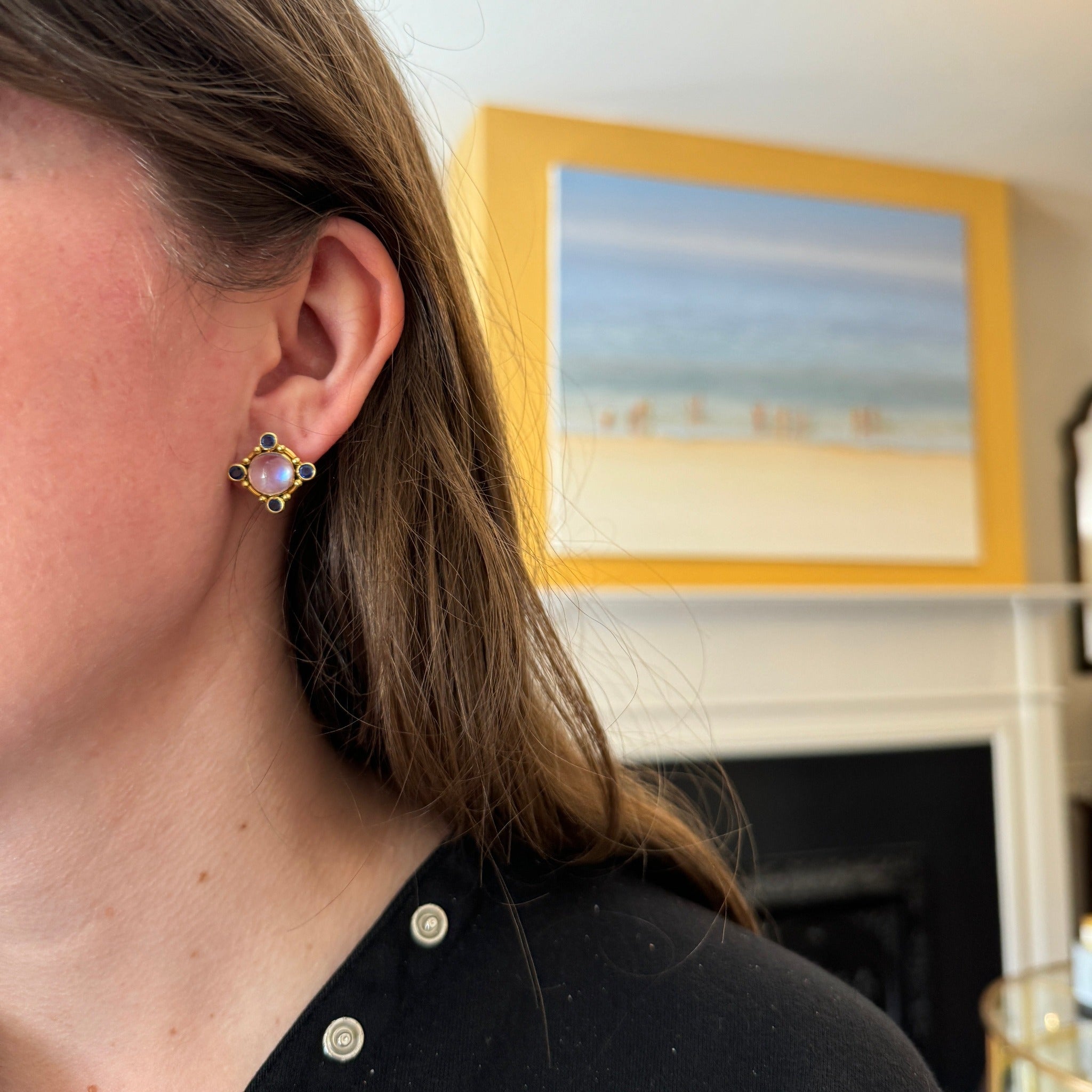 Mazza Cabochon Moonstone & Kyanite 14K Yellow Gold Earrings