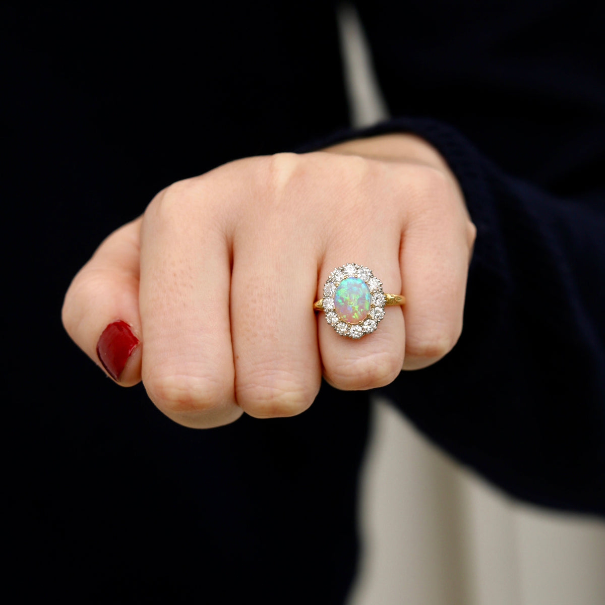 Victorian-Style Oval Opal & Diamond Cluster Ring