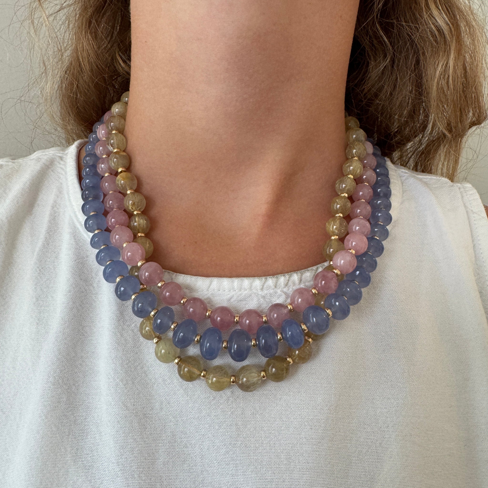 Goshwara Rutilated Quartz Beaded 18K Gold Necklace, Goshwara Blue Chalcedony Beaded 18K Gold Necklace