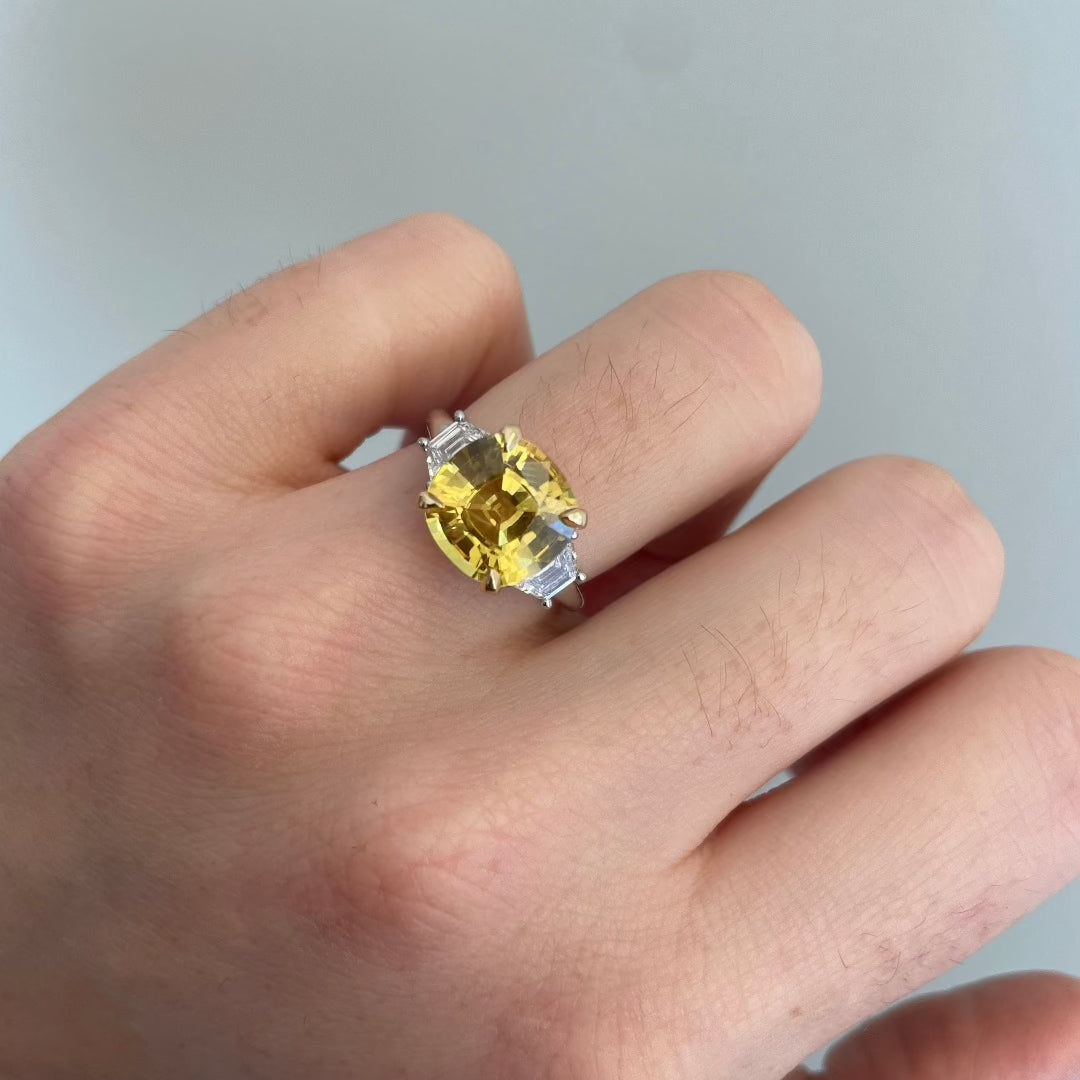 Yellow Sapphire & Diamond Three Stone 18K Gold Platinum Ring