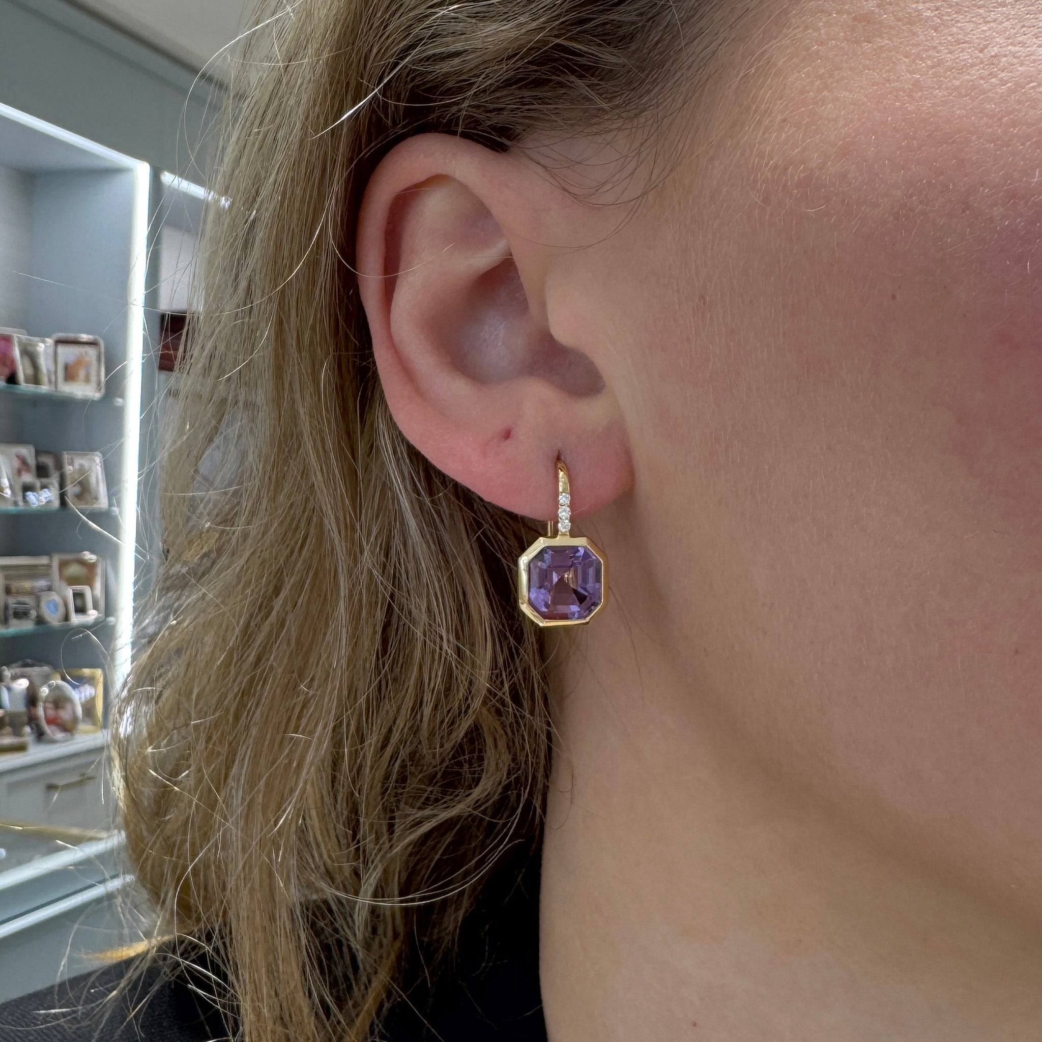 Goshwara Octagonal Bezel Drop Amethyst 18K Gold Earrings