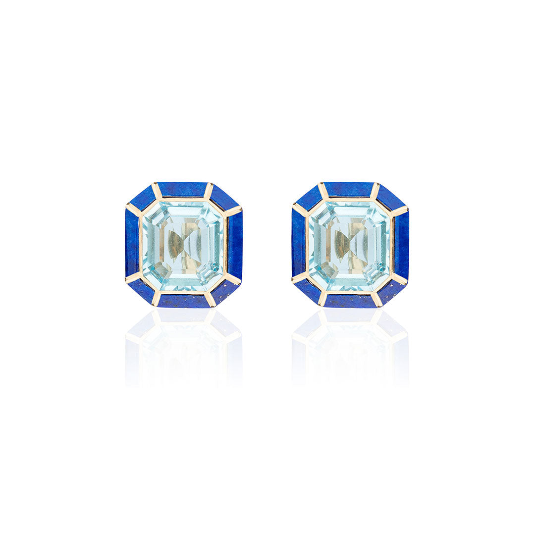 Goshwara Blue Topaz & Lapis Lazuli Inlay 18K Gold Stud Earrings