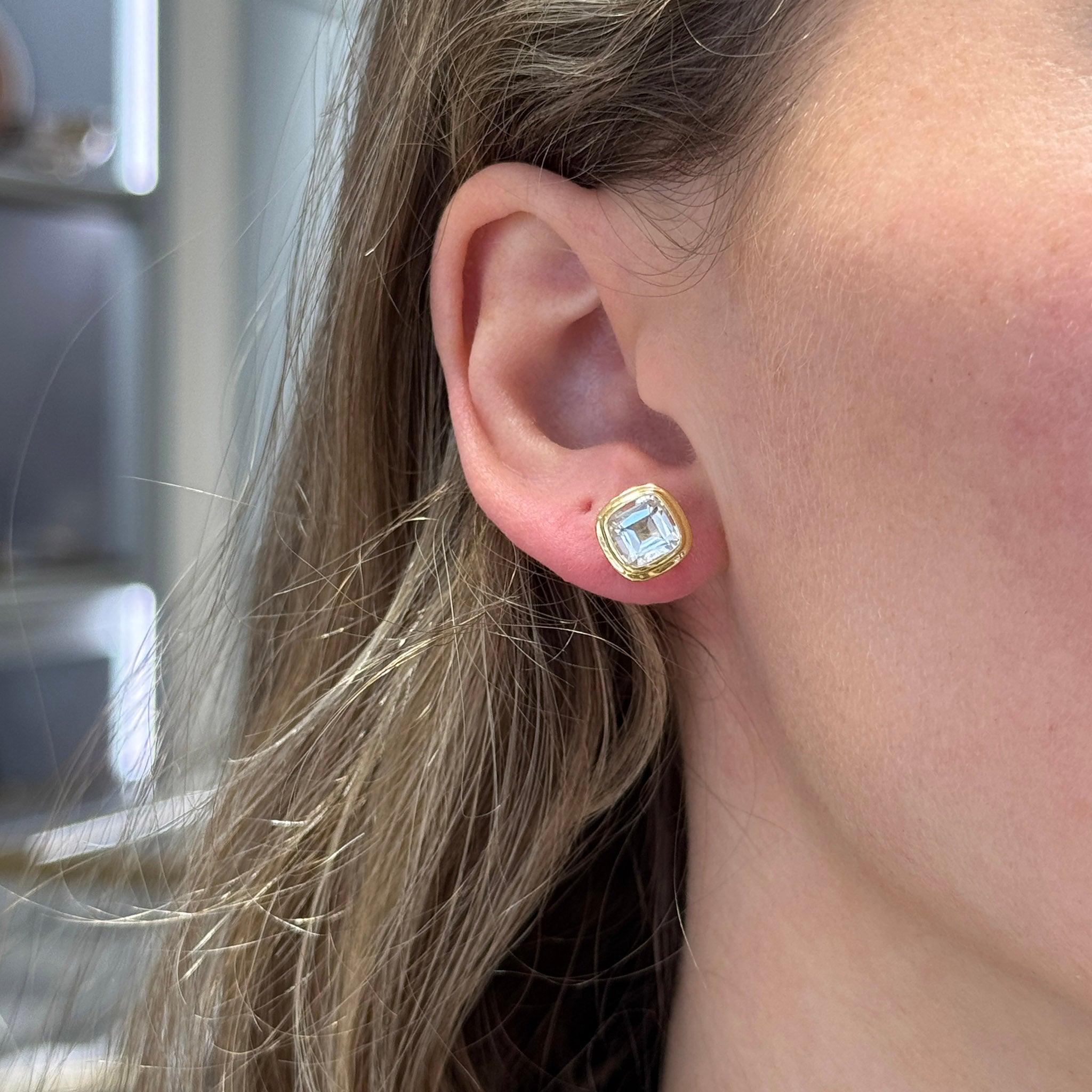 Goshwara Cushion Bezel Set Rock Crystal 18K Gold Stud Earrings