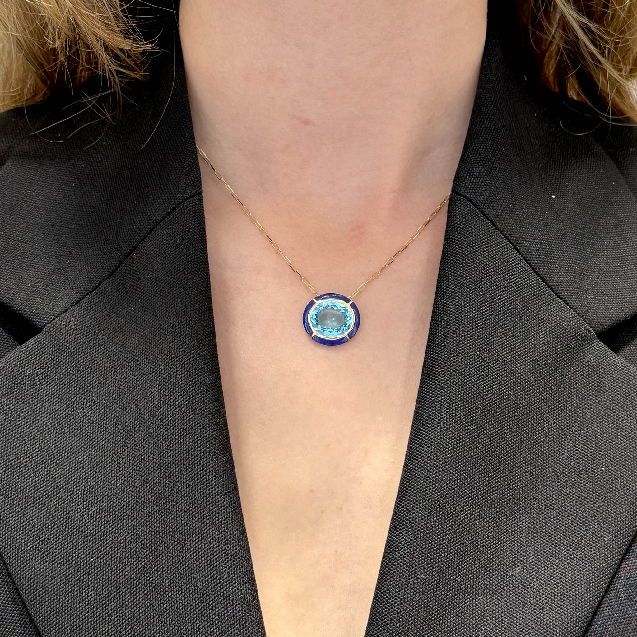 Goshwara Oval Blue Topaz & Lapis Inlay 18K Gold Pendant Necklace