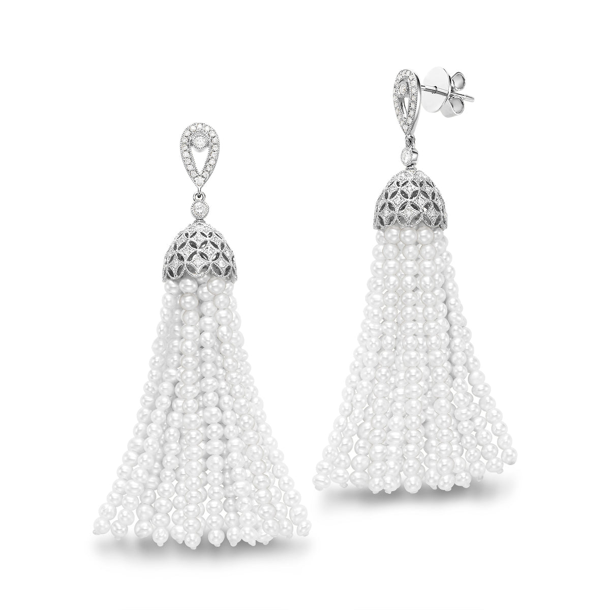 Diamond & Freshwater Pearl Tassel 18K White Gold Earrings