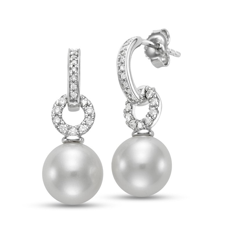 9-9.5mm Freshwater Pearl & Diamond 18K White Gold Drop Earrings