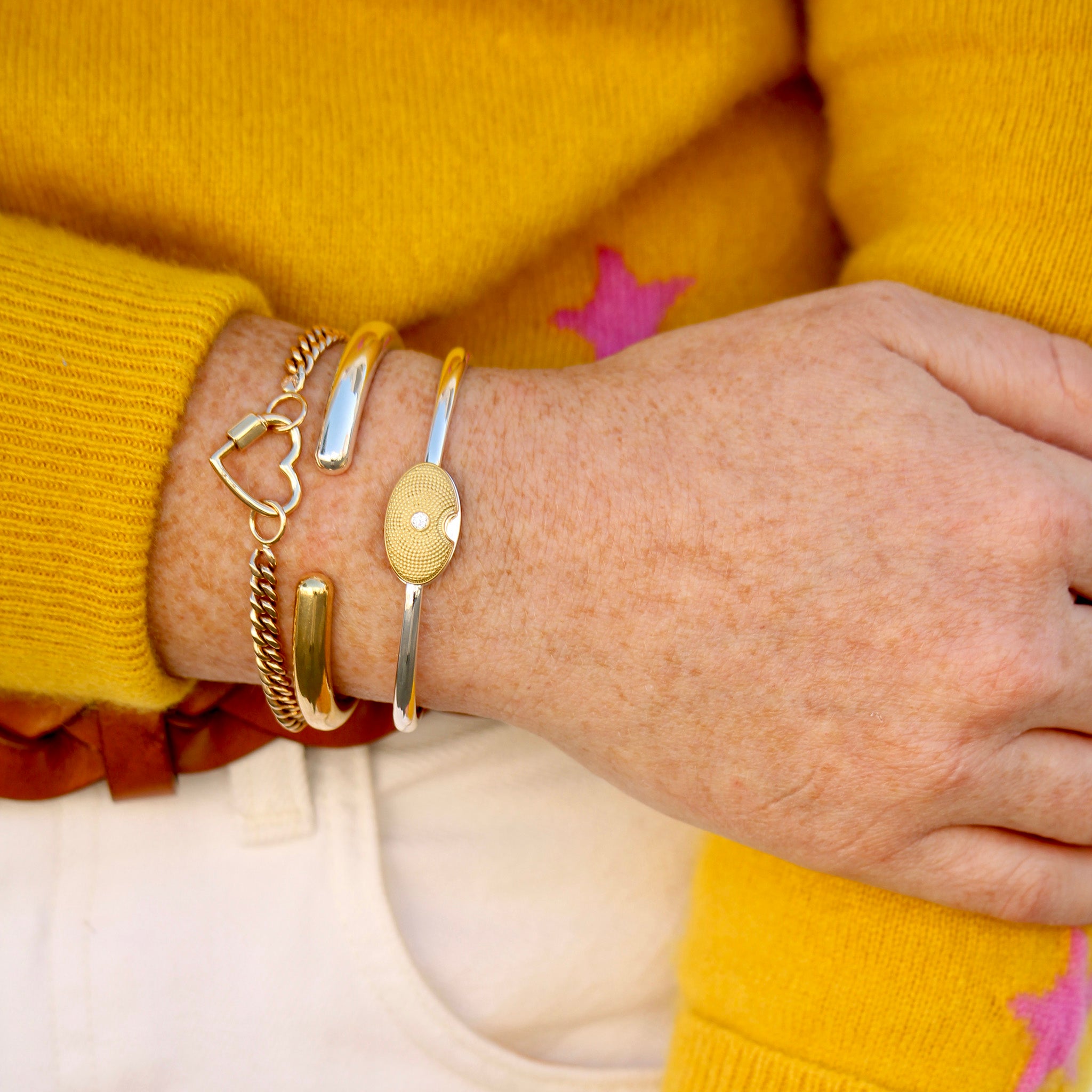 Marla Aaron 14K Yellow Gold Baby Heart Lock, 14K Gold Heavy Curb Chain Bracelet, Hinged Cuffling Bangle, Oval Musgrave Bangle