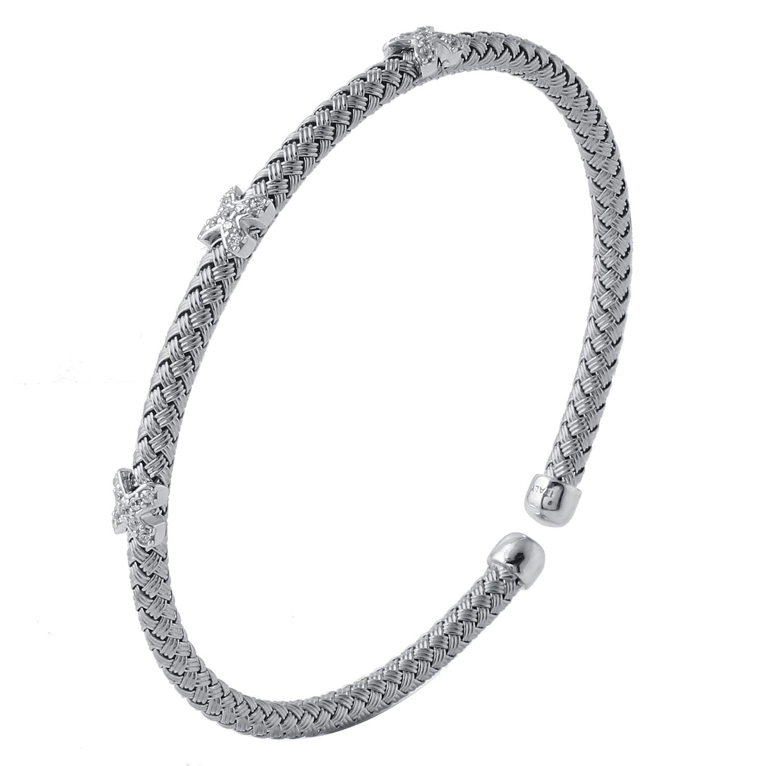Charles Garnier CZ Rhodium-Plated Sterling Silver 4mm Mesh Cuff Bangle