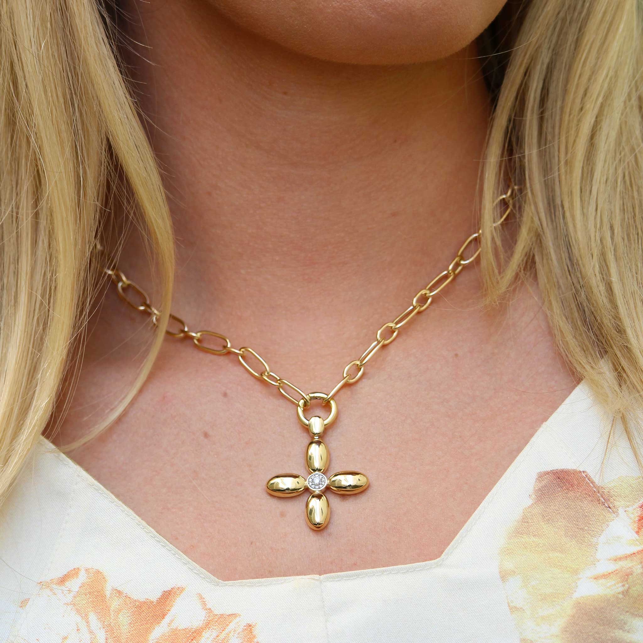 One-Station Charm Holder Mixed Oval Link Necklace, The Mary Cross Pendant