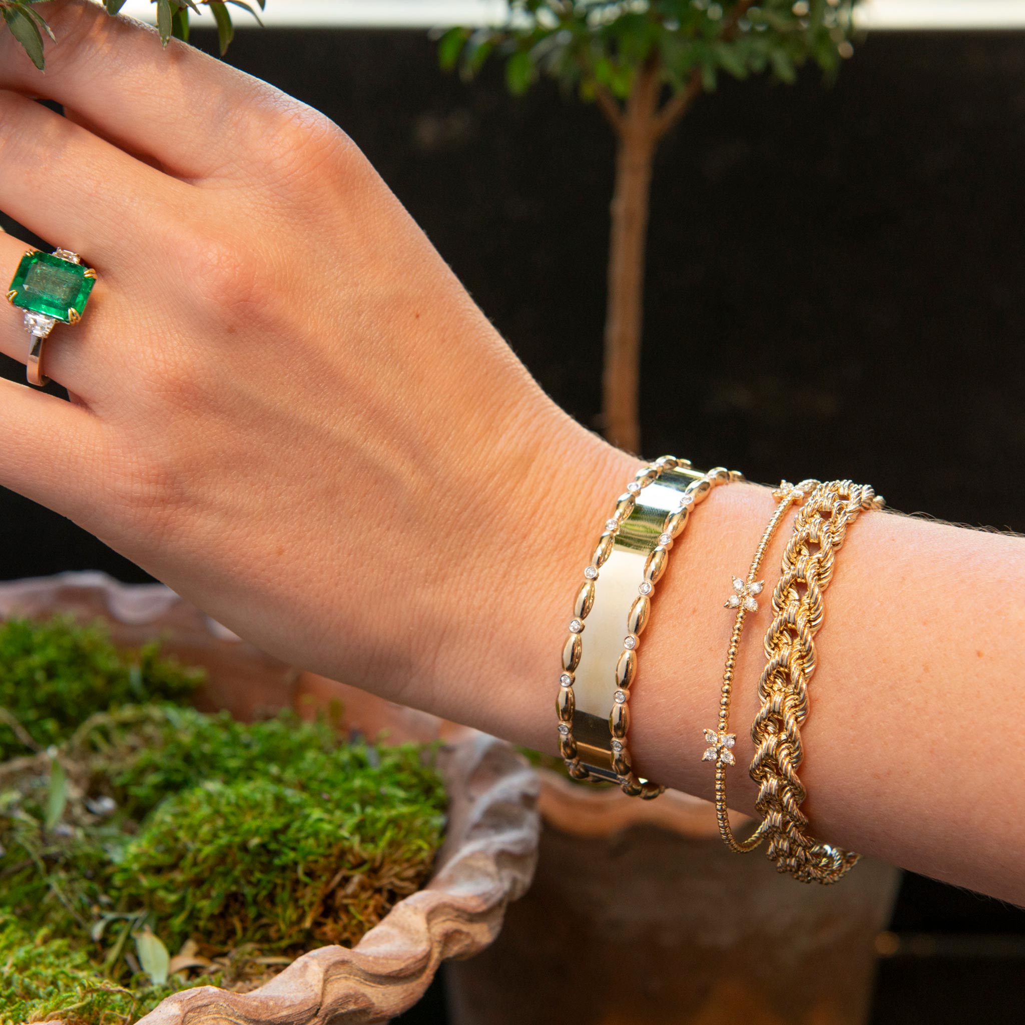 The Mary Diamond Polished Oval Cuff Bracelet, Diamond Flower 3-Station 14K Yellow Gold Flex Bangle, Baby Club Bracelet