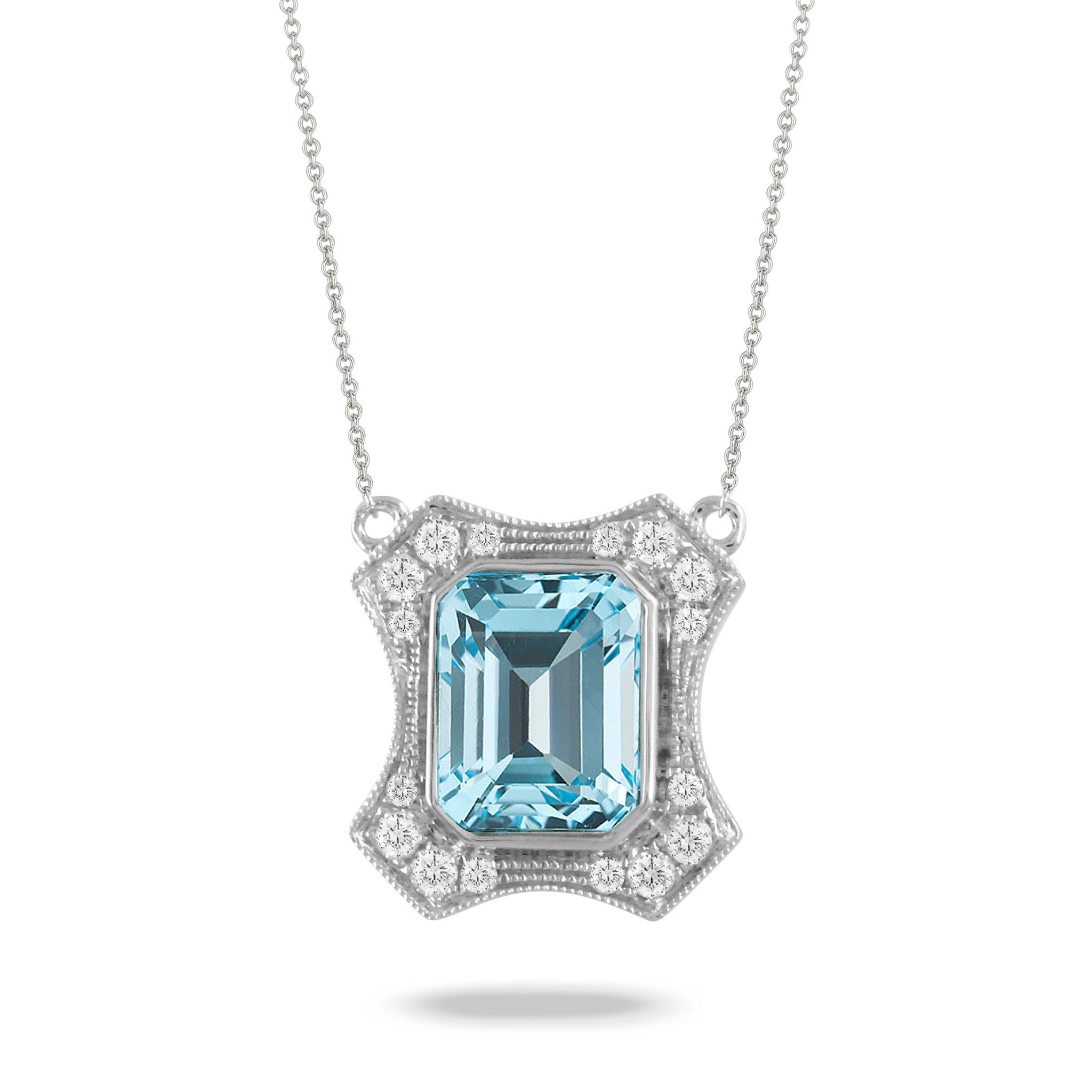 Emerald-Cut Blue Topaz & Diamond 18K White Gold Necklace