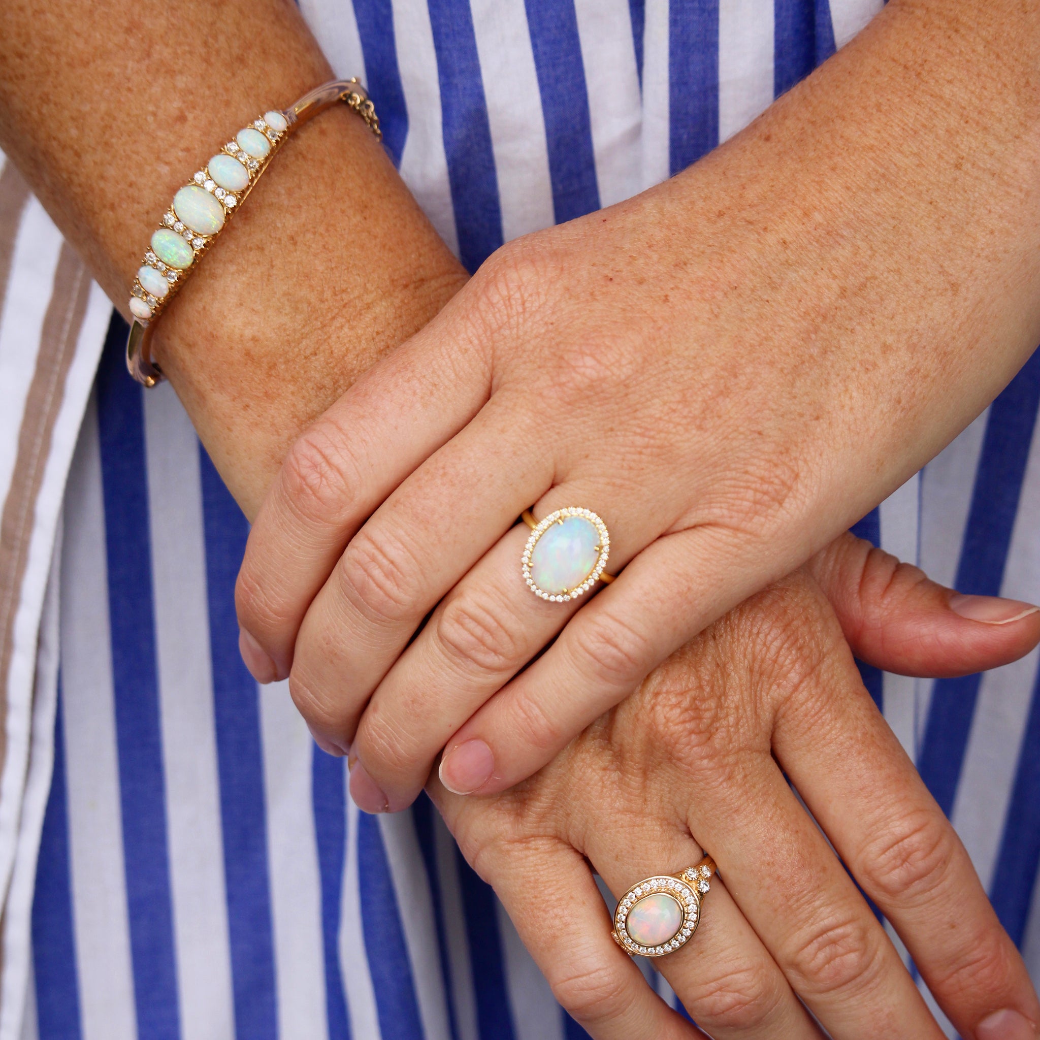 Victorian Graduated Opal & Diamond 15K Yellow Gold Bangle, Oval Cabochon Opal & Diamond 14K Yellow Gold Ring