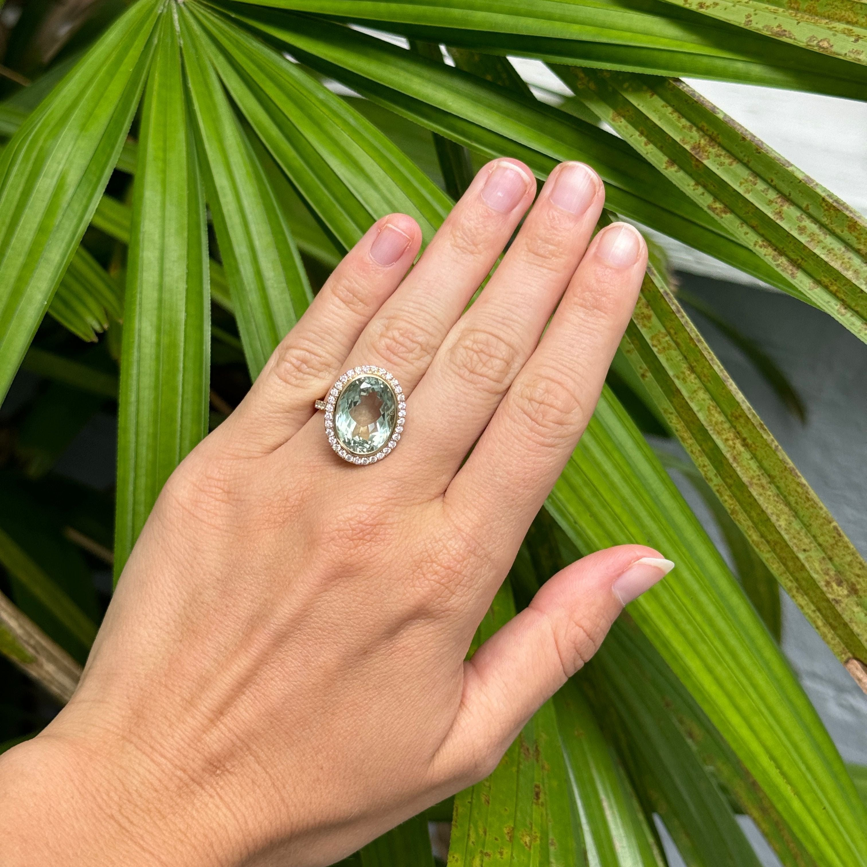 Oval Green Amethyst & Pavé Diamond Halo 18K Yellow Gold Ring