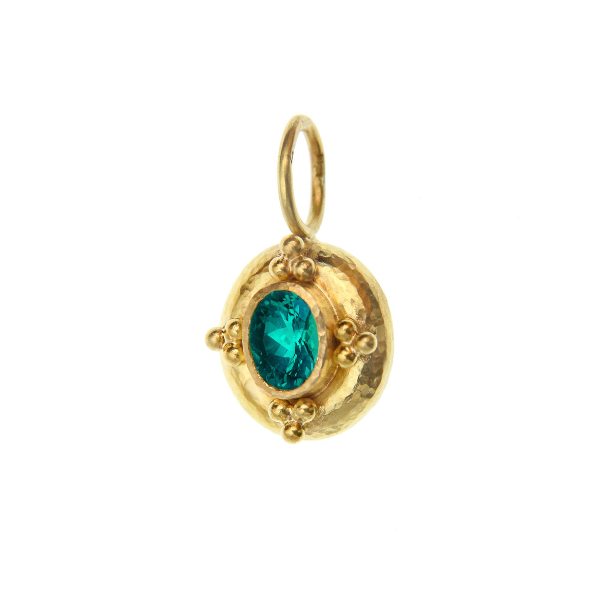 Elizabeth Locke oval blue zircon pendant in hammered 19K yellow gold with four gold bead triads and a jump ring.
