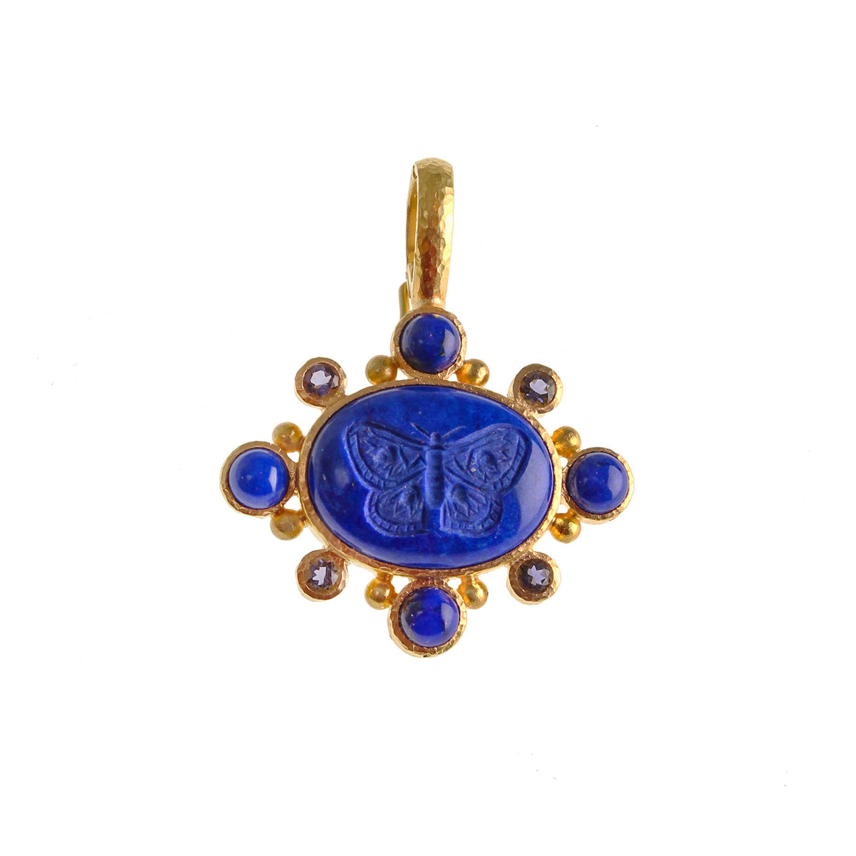 Elizabeth Locke 19K yellow gold pendant with an oval lapis carved moth, surrounded by round lapis, faceted iolite, and gold dots.