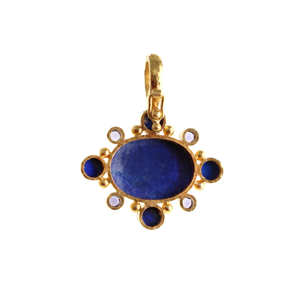 Back of Elizabeth Locke lapis moth and iolite pendant showing open-backed gemstone settings and a hinged gold bail.