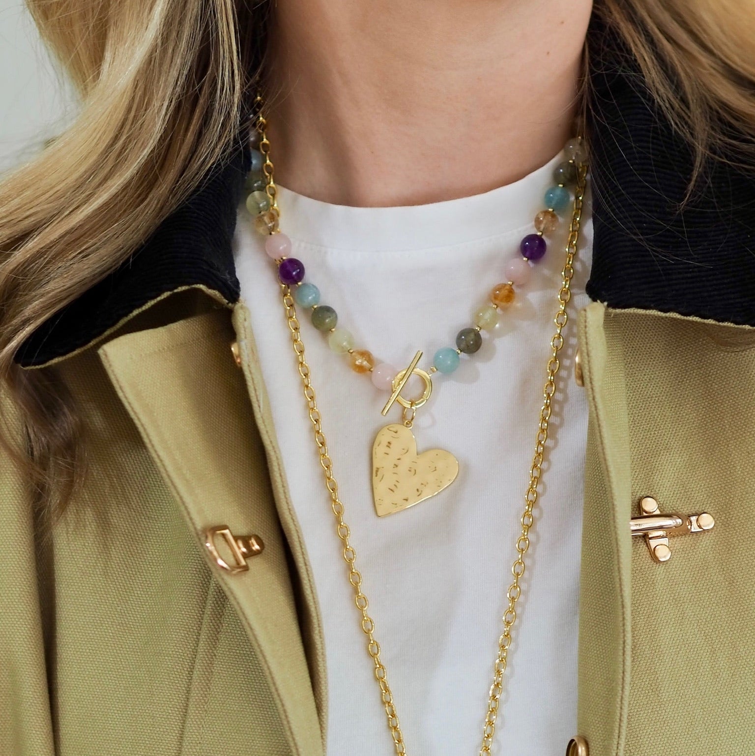 Goldbug Collection Small Hammered Heart, Goldbug Collection Gemstone Toggle Charm Necklace