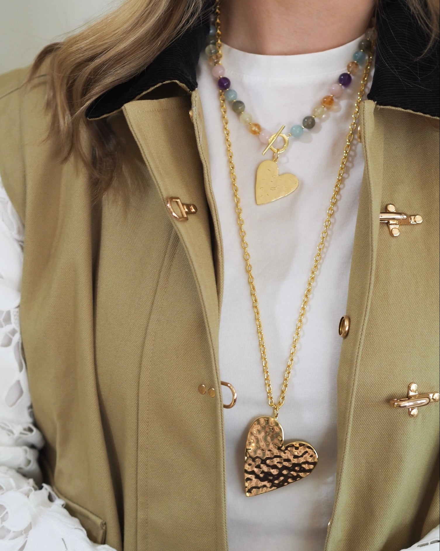 Goldbug Collection Small Hammered Heart, Goldbug Collection Gemstone Toggle Charm Necklace, Goldbug Collection Large Hammered Heart