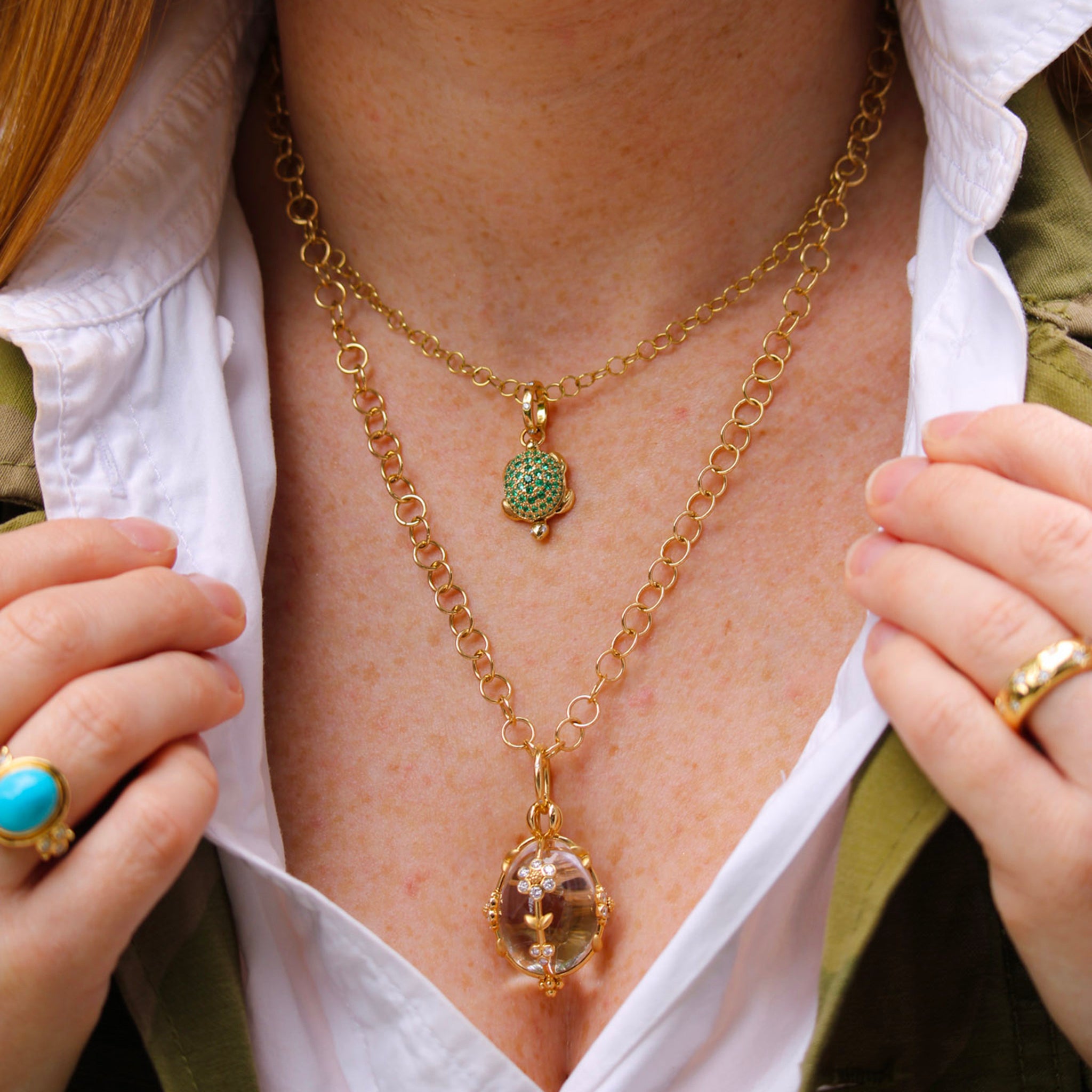 Temple St. Clair Emerald Pavé Turtle Locket, Temple St. Clair Medium Diamond Fiori Amulet