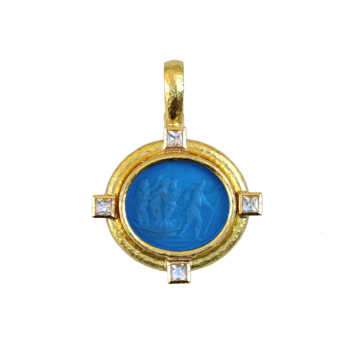 Elizabeth Locke peacock blue glass intaglio pendant depicting a goddess on a boat, framed in hammered yellow gold with four square moonstones.