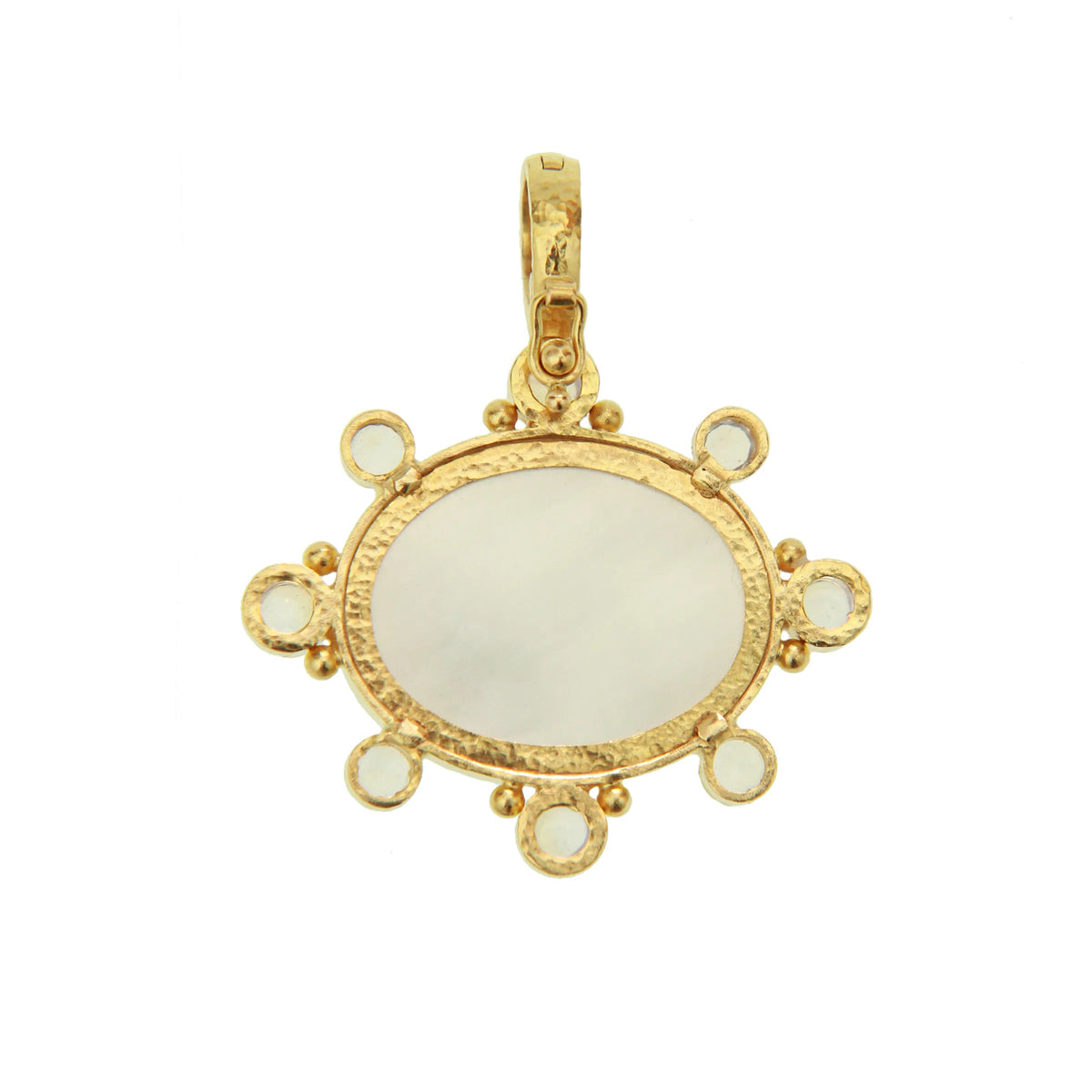 Back of Elizabeth Locke light aqua intaglio pendant showing mother-of-pearl backing, gold settings, and a hinged bail.