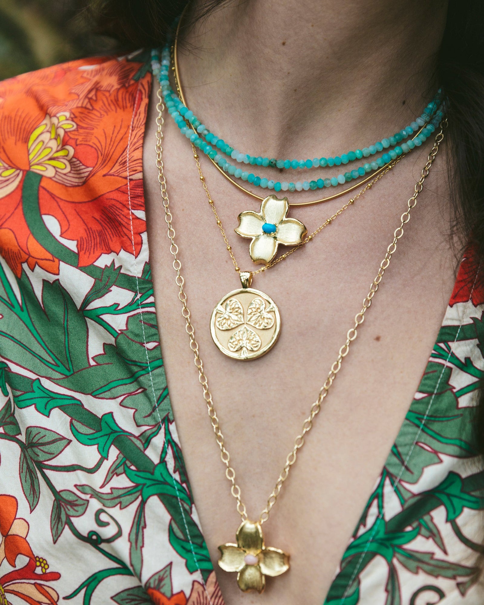 Jane Win JOY Dogwood Flower Pendant Necklace with Turquoise