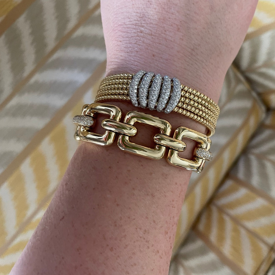 Diamond Pavé 18K Gold Rectangular Link Stretch Bracelet