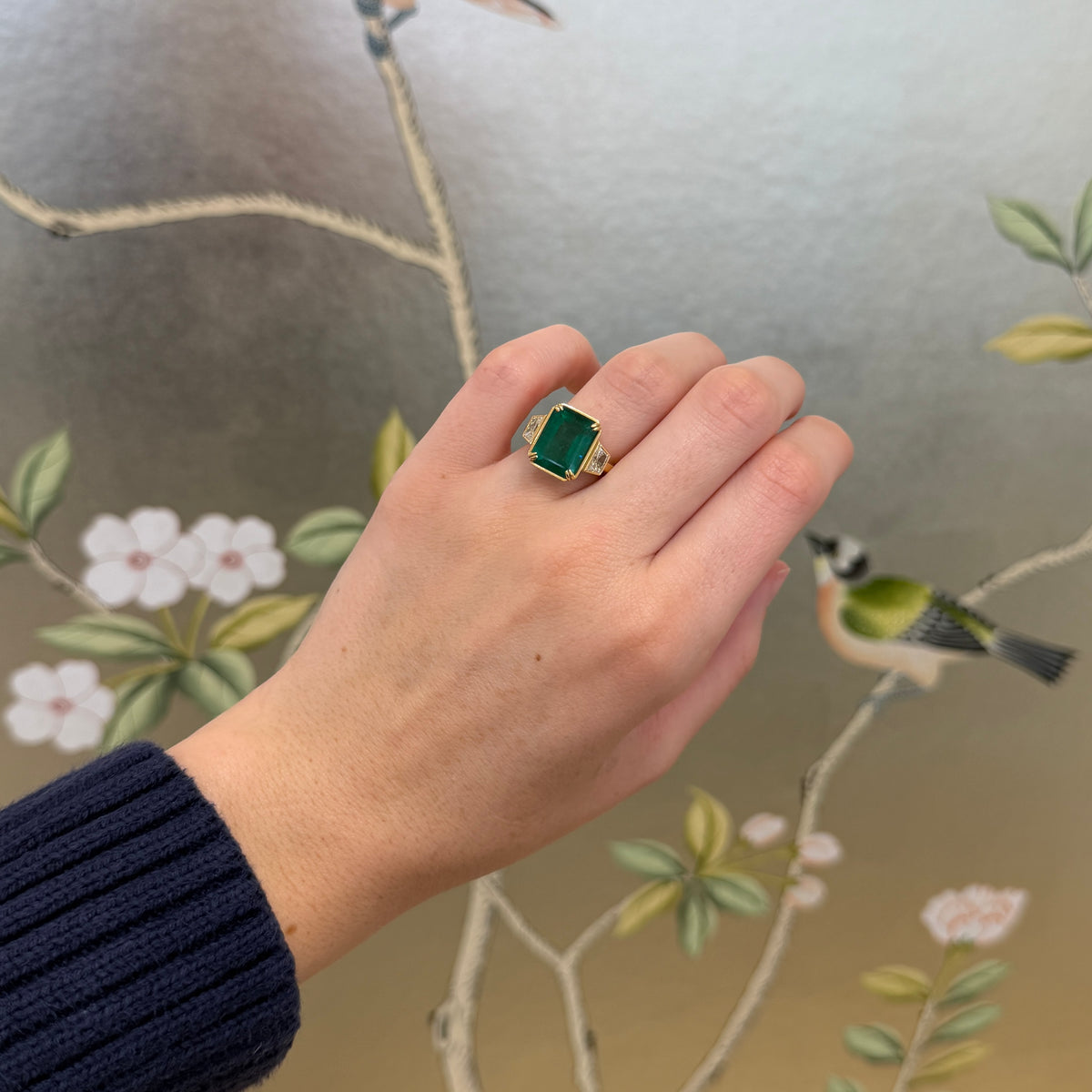 5.95ct Emerald & Diamond Three-Stone 18K Yellow Gold Ring