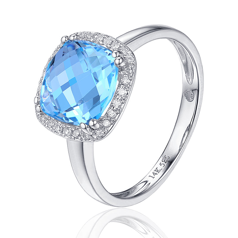 Cushion Blue Topaz & Diamond Halo 14K White Gold Ring