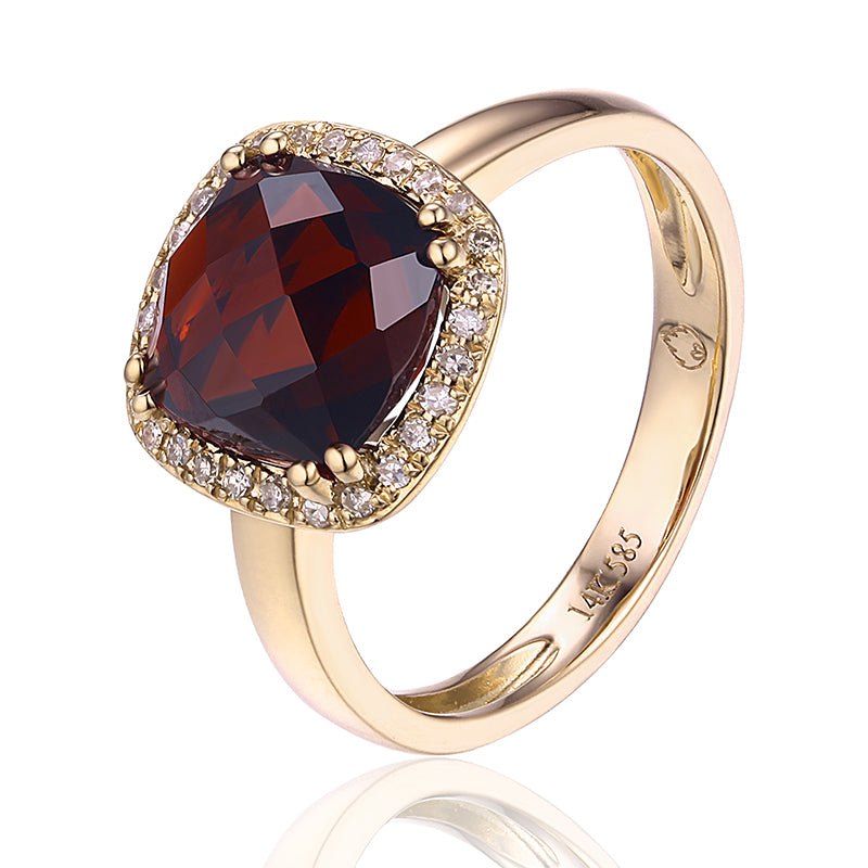Cushion Garnet & Diamond Halo 14K Yellow Gold Ring