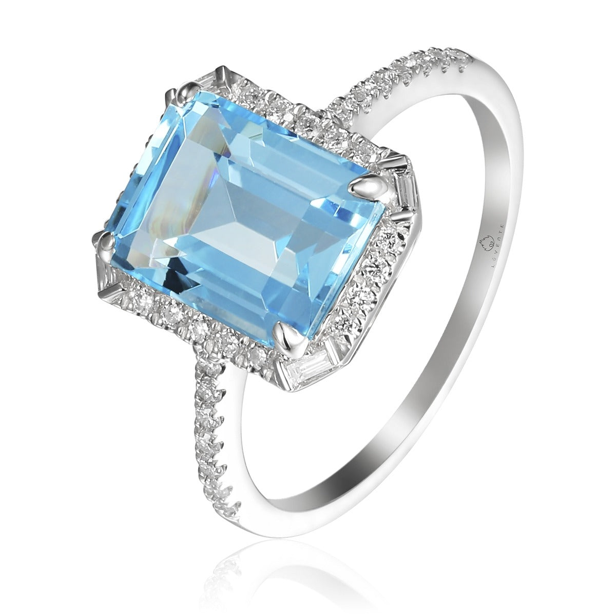 Emerald Cut Blue Topaz & Diamond 14K White Gold Ring