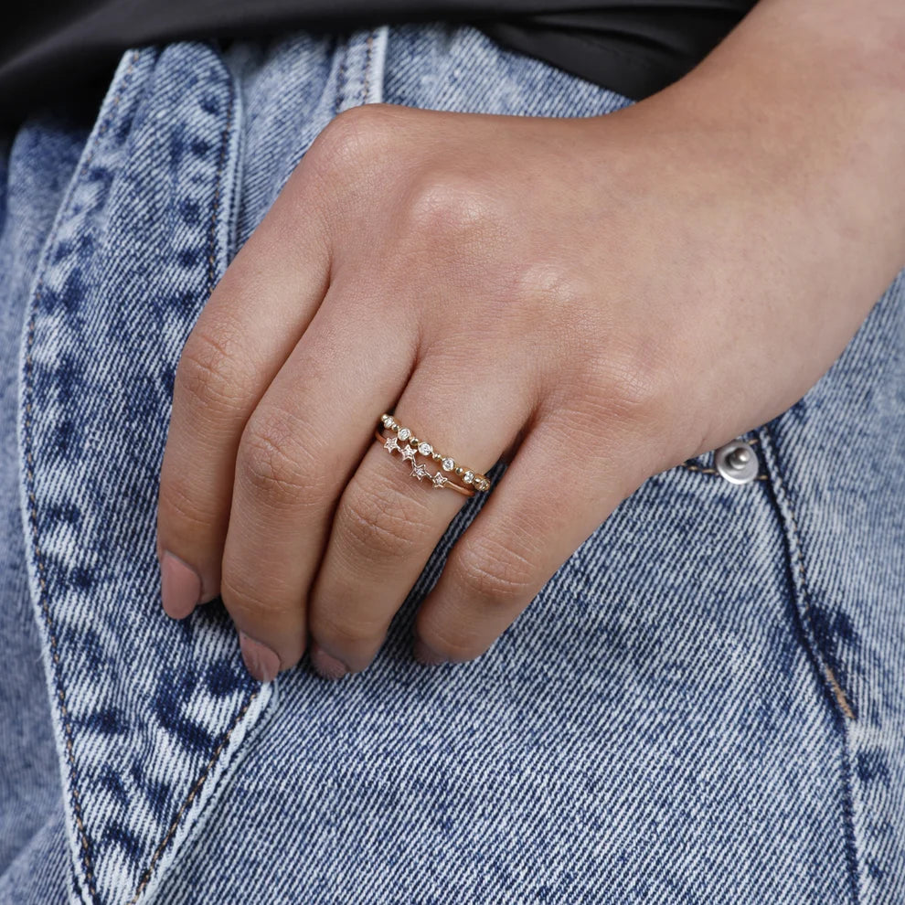 Diamond Bezel Station 14K Yellow Gold Beaded Stacking Band