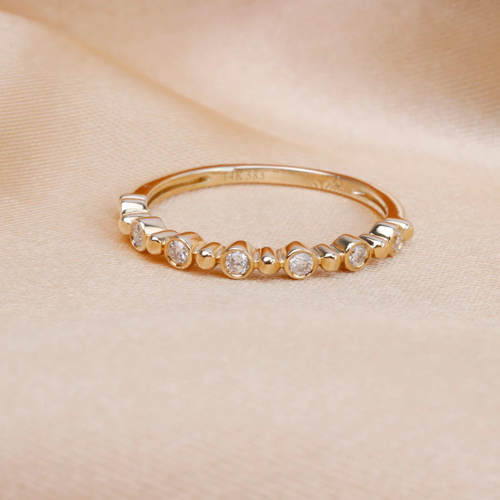Diamond Bezel Station 14K Yellow Gold Beaded Stacking Band