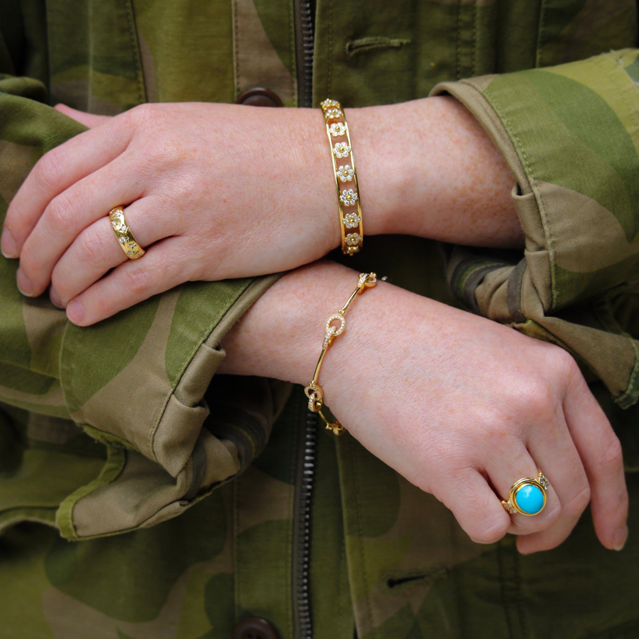 Temple St. Clair Diamond Fiori Bangle, Temple St. Clair Diamond Cosmos Band, Temple St. Clair Turquoise Classic Temple Ring, Temple St. Clair Small Orsina Bracelet