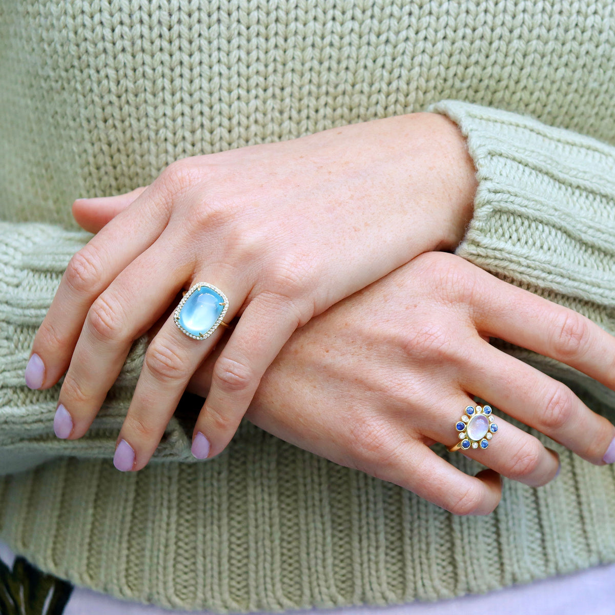 Mazza Cabochon Blue Topaz Doublet & Diamond Halo 14K Gold Ring