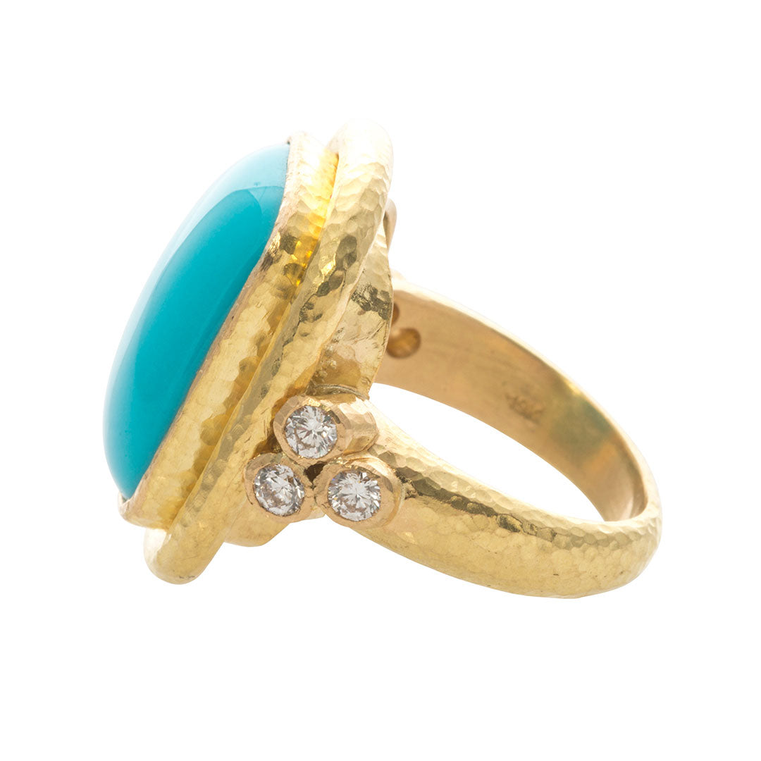 Elizabeth Locke Cushion Cabochon Turquoise & Diamond Triad Ring