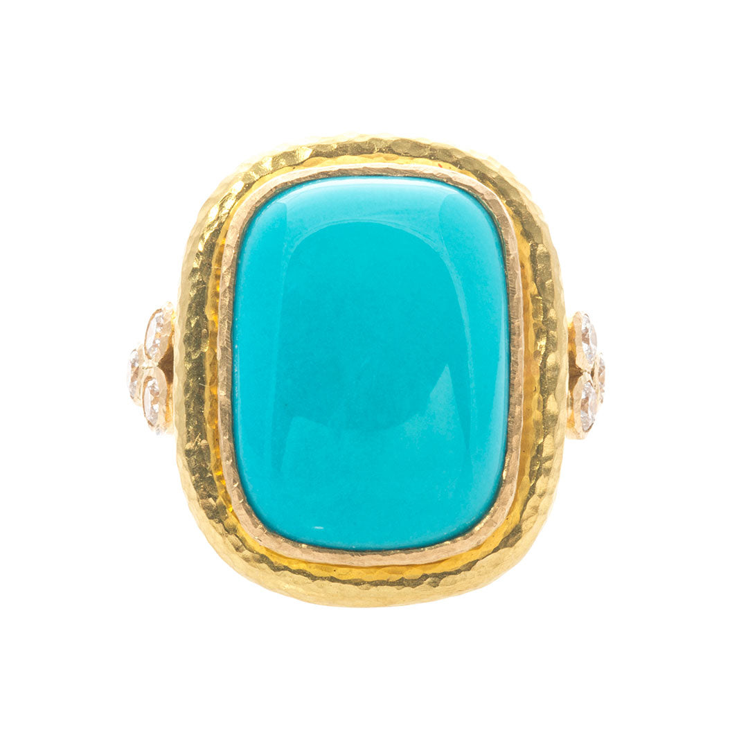 Elizabeth Locke Cushion Cabochon Turquoise & Diamond Triad Ring