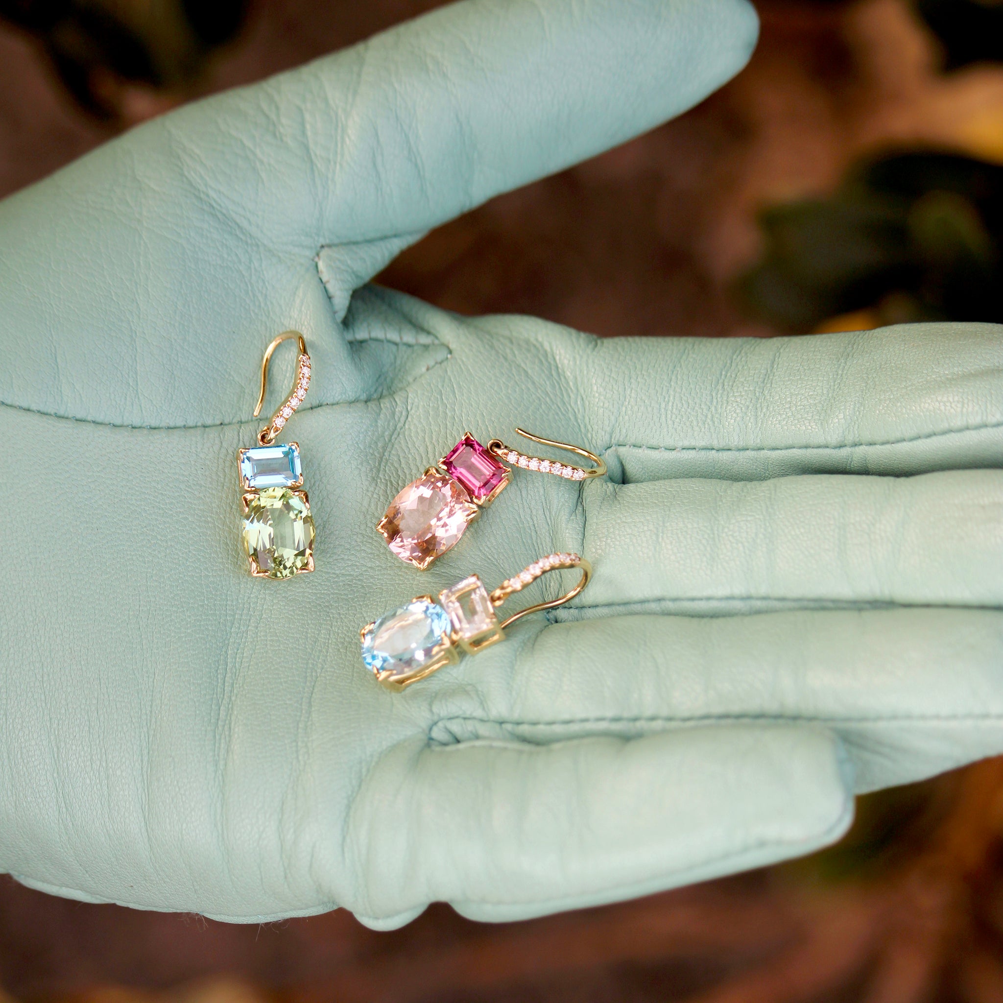 Blue & White Topaz 14K Gold River Earrings, Green Tourmaline & Blue Topaz 14K Gold River Earrings, Morganite & Pink Tourmaline 14K Gold River Earrings