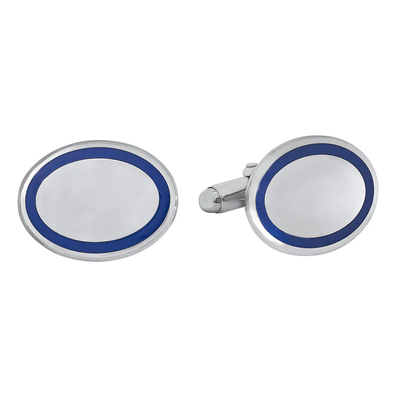 Sterling Silver Blue Enamel Trim Large Oval Cufflinks
