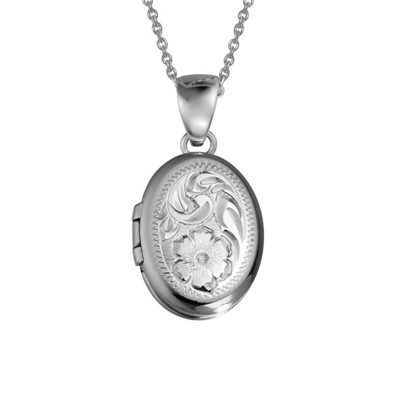 Child Sterling Silver Engraved Floral Oval Locket Necklace
