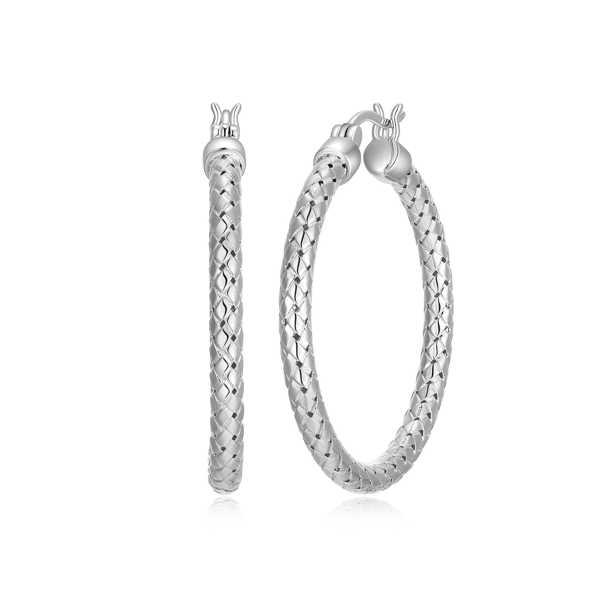 Charles Garnier Rhodium-Plated Sterling Silver 3mm Mesh Hoop Earrings 35mm