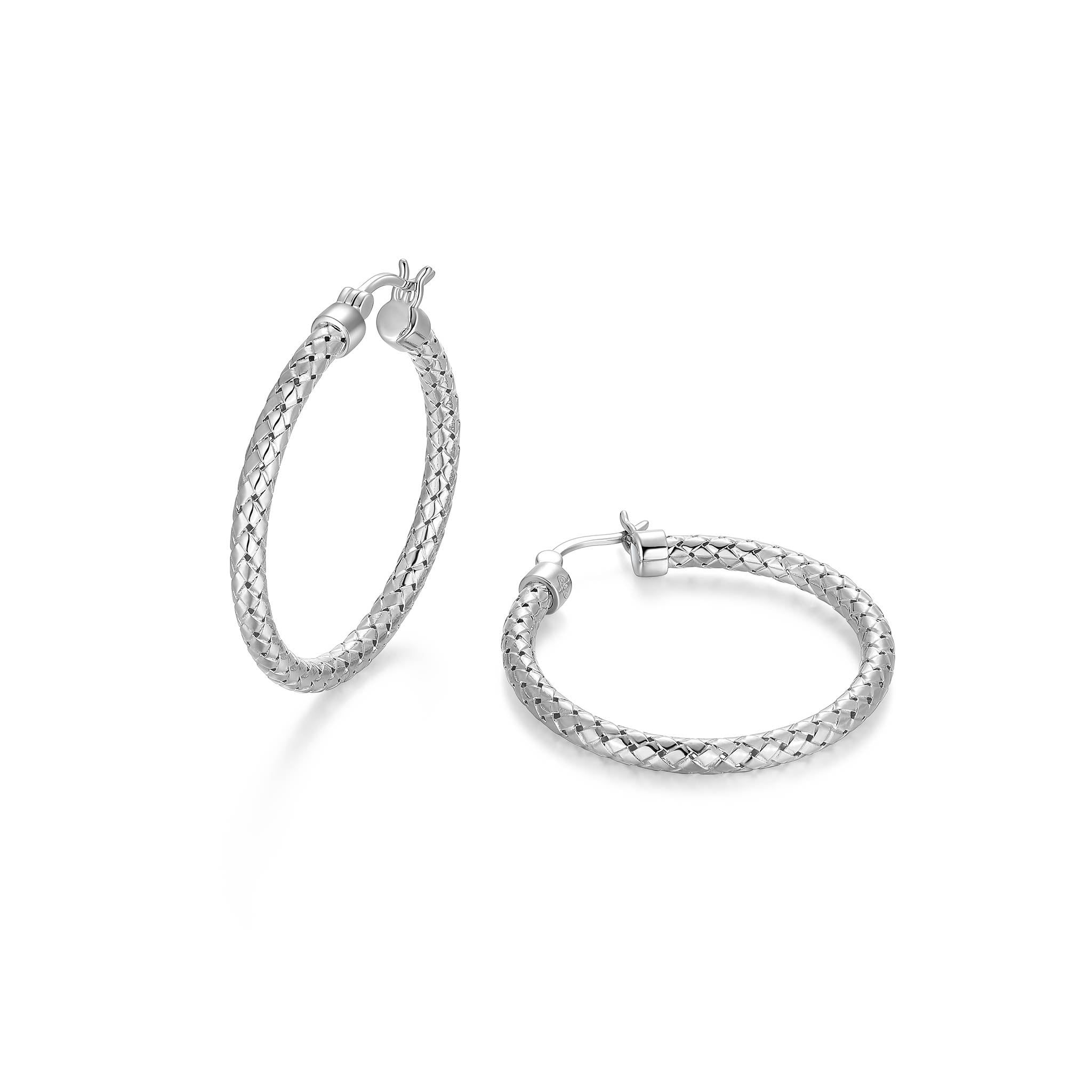 Charles Garnier Rhodium-Plated Sterling Silver 3mm Mesh Hoop Earrings 35mm