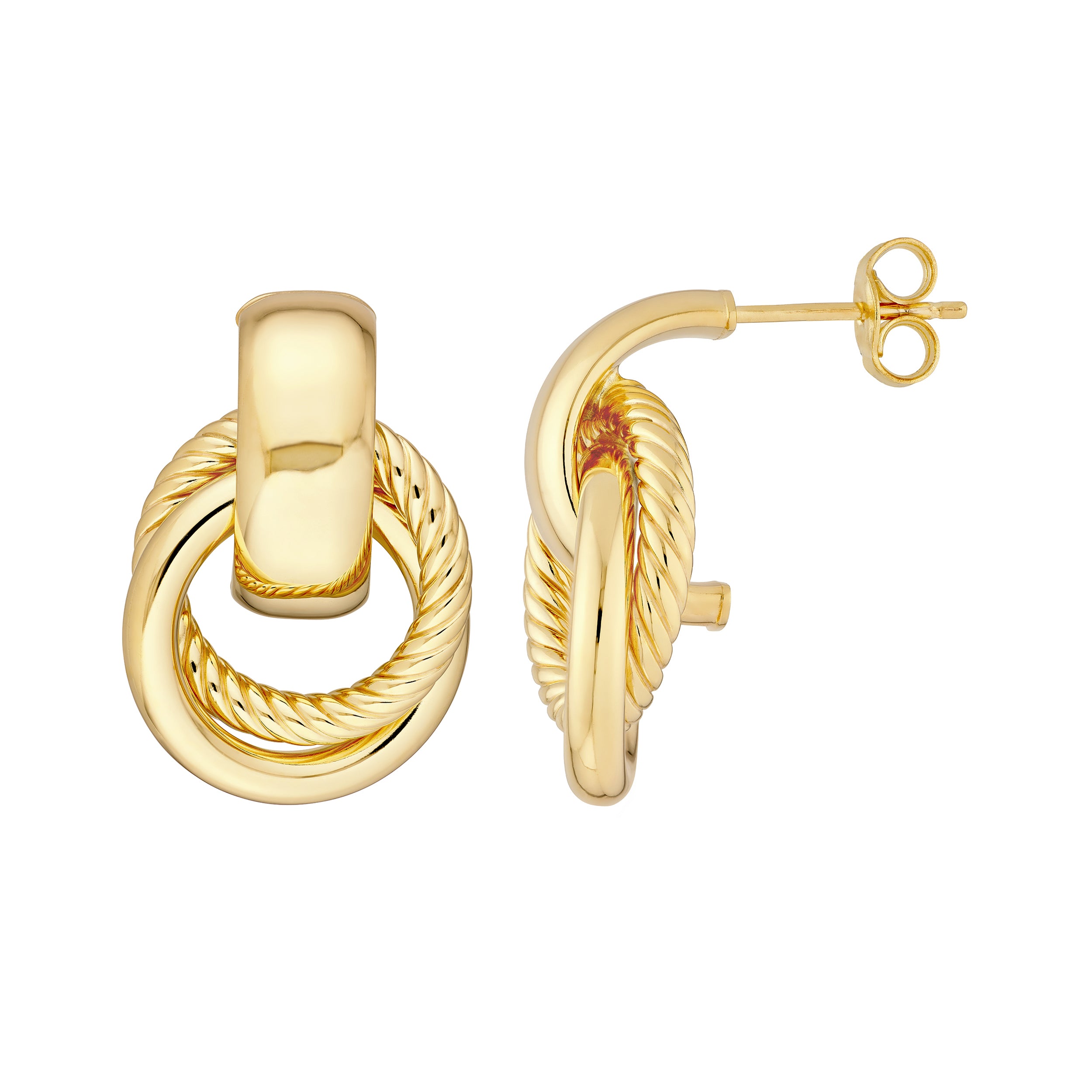 14K Yellow Gold Polished & Textured Door Knocker Earrings