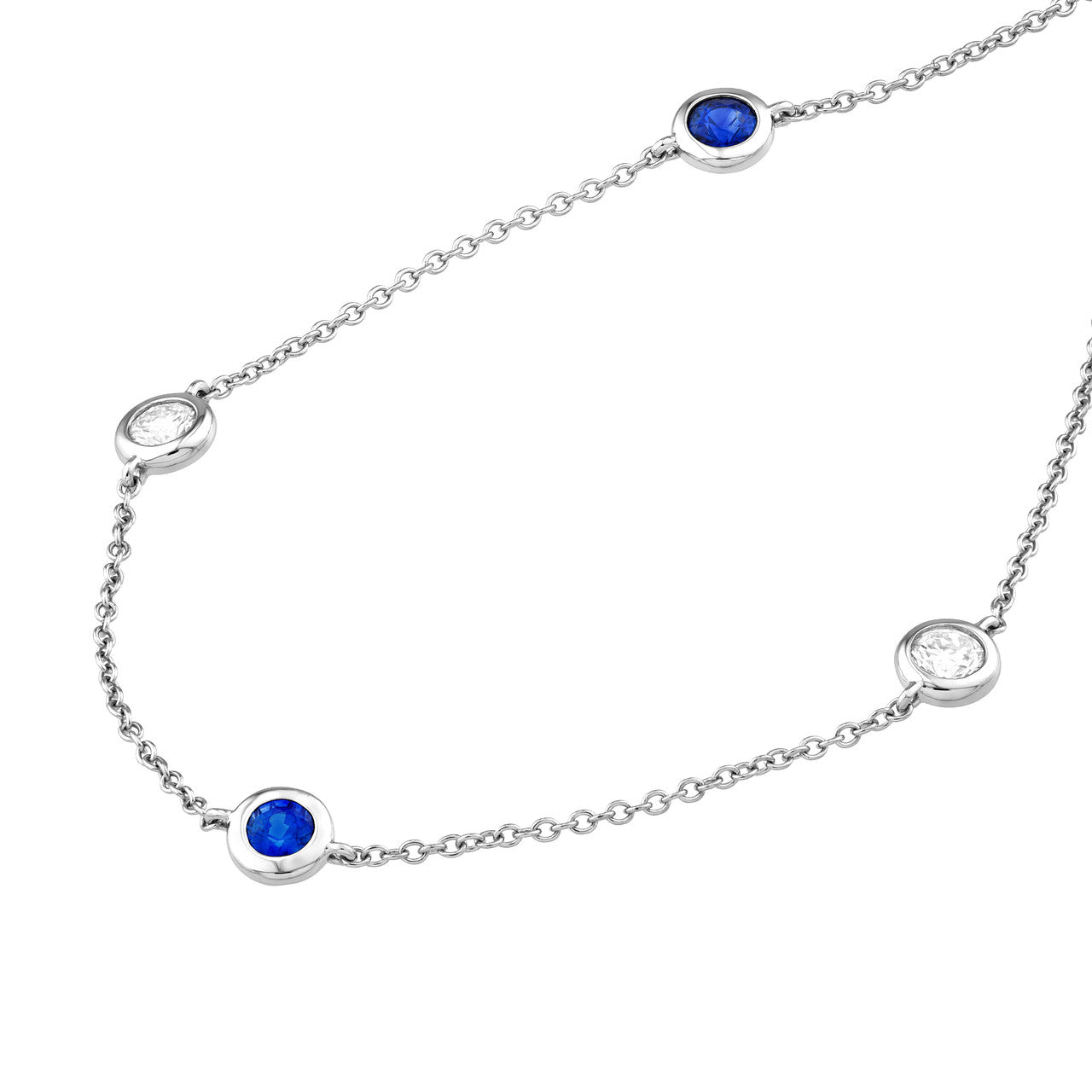 .75ctw Sapphire & Diamond Bezel Station 14K White Gold Necklace