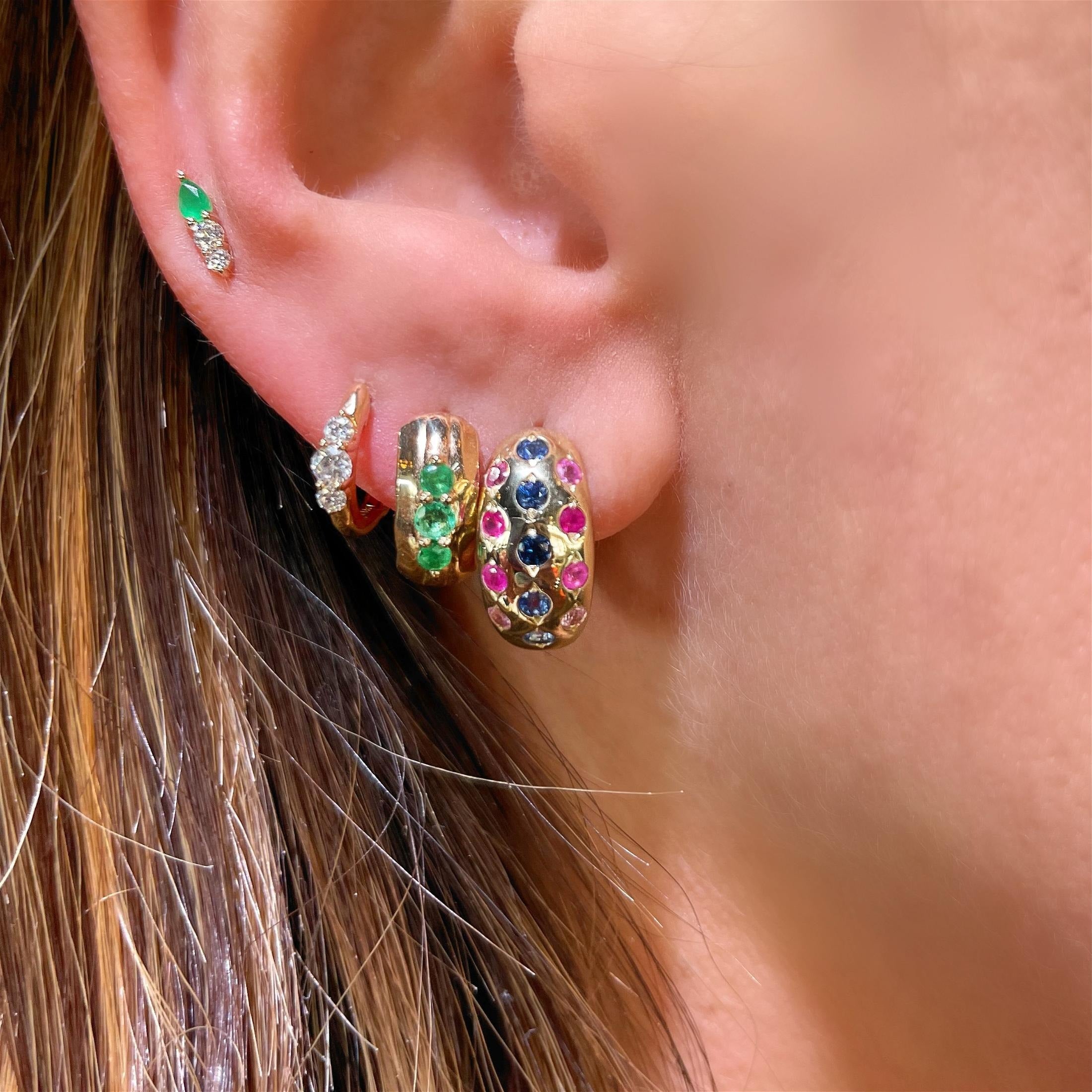 Emerald & Diamond 14K Gold Chubby Hoop Earrings