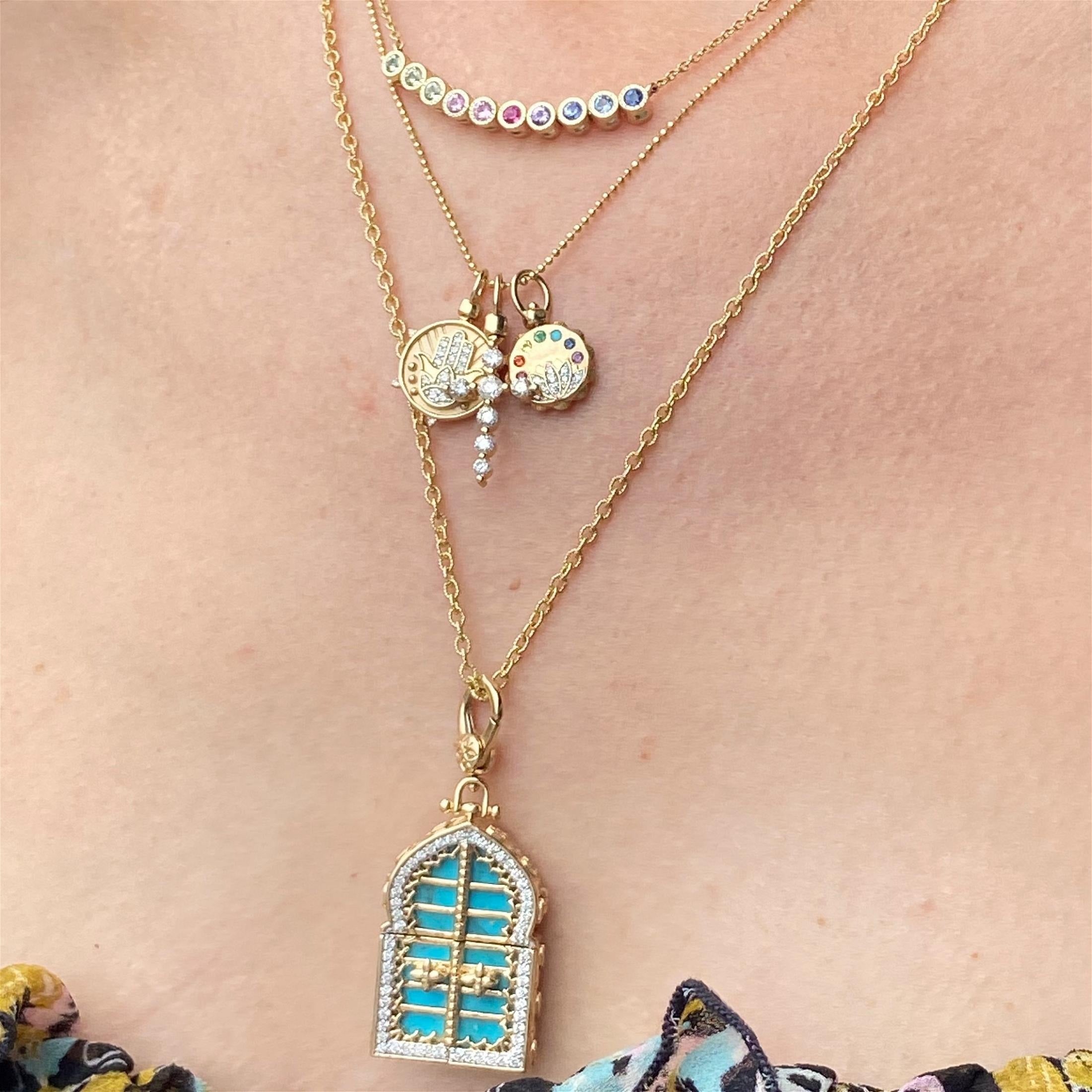 Rainbow Sapphire & Diamond Bezel Double Sided 14K Gold Necklace