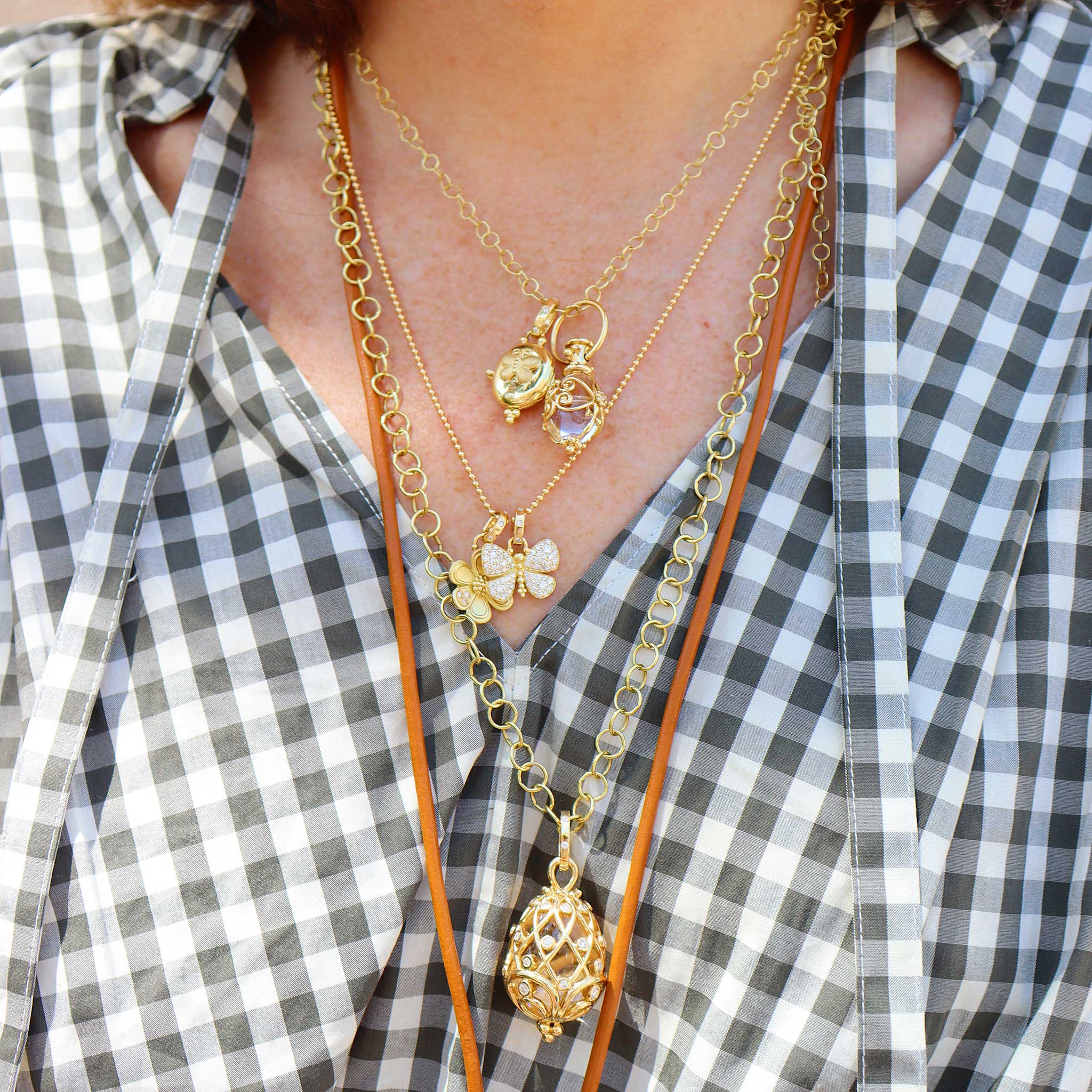 Temple St. Clair Small Sword Gate Amulet, Fine Round Chain Necklace, Golden Flower Pendant, Pineapple Gate Amulet, Classic Round Chain Necklace, Ball Chain Necklace